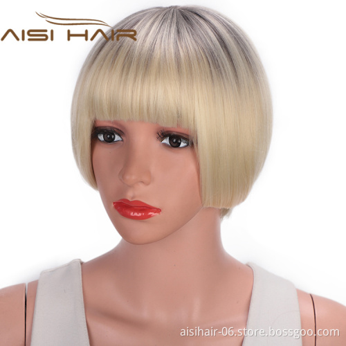 Aisi Hair Short Bob Wigs Heat Resistant Synthetic Fiber Ombre Blonde Straight Short Bob Wigs with Neat Bangs for Women